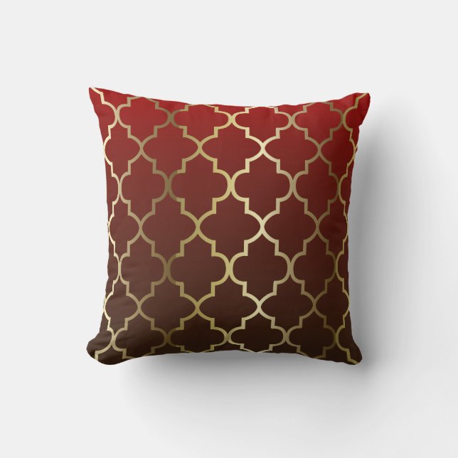Dark Red and Brown Blend | Gold Quatrefoil Pattern Throw Pillow (Front)