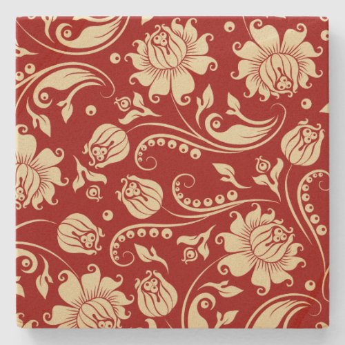 Dark Red And Cream Vintage Floral Damasks Stone Coaster