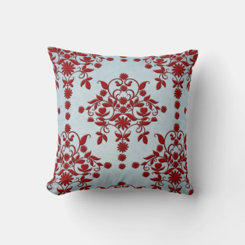 Dark Red and Dusty Light Teal Damask Pattern Throw Pillow