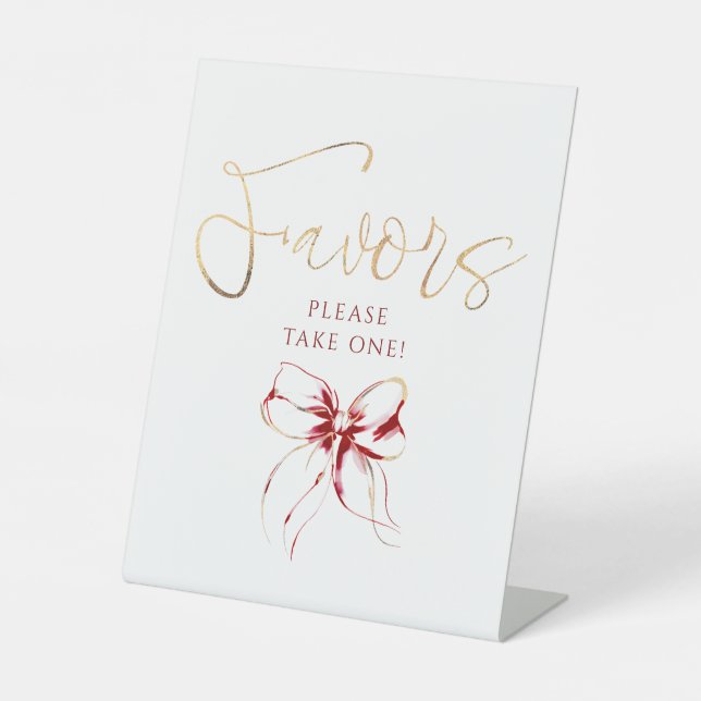 Dark Red and Gold Bow Bridal Shower Favors Pedestal Sign (Front)