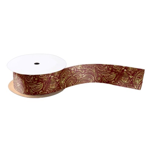 Dark Red and Gold Floral Paisley Patern Satin Ribbon