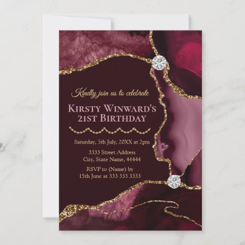 Dark Red and Gold Glitter Agate Birthday Party Invitation