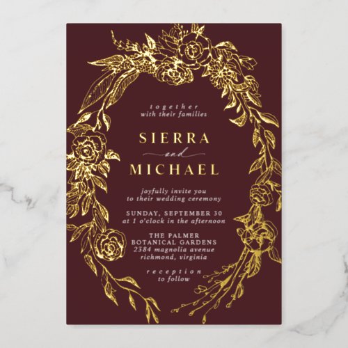 Dark Red and Gold  Luxe Burgundy Floral Wedding Foil Invitation