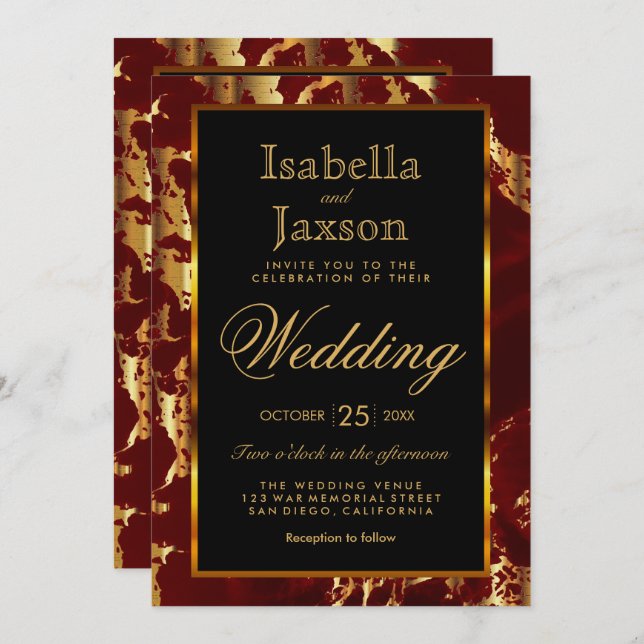 Dark Red and Gold Marble and Black Invitation (Front/Back)