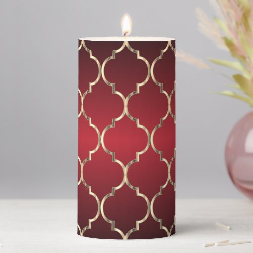 Dark Red and Gold Quatrefoil Pattern  Pillar Candle