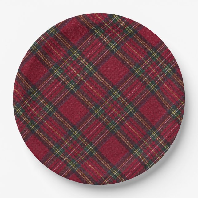 Dark Red and green  Christmas plaid  Paper Plates (Front)