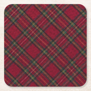 Dark Red and green Christmas plaid Square Paper Coaster