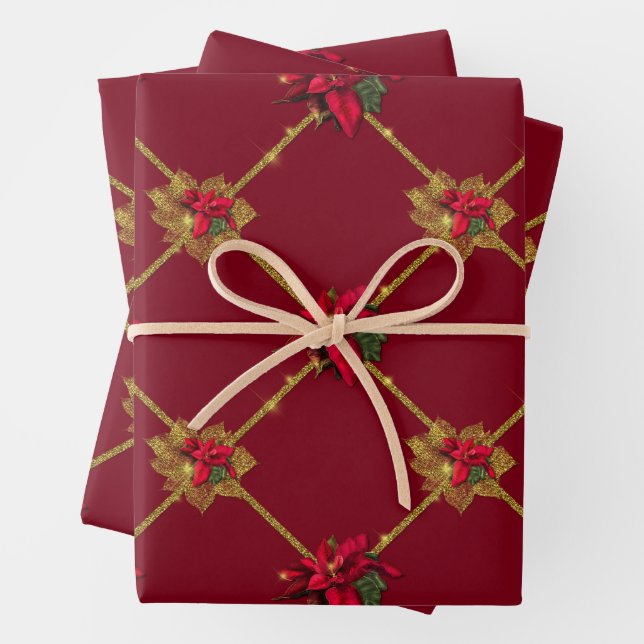 Dark Red and Green Gold Poinsettia Christmas  Wrapping Paper Sheets (In situ)
