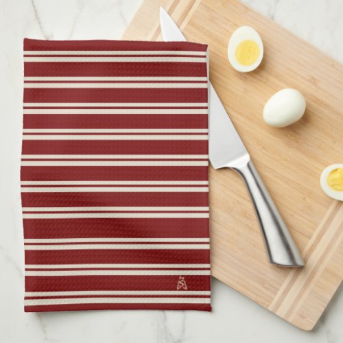 Dark Red and Ivory Stripe Monogrammed Kitchen Towel