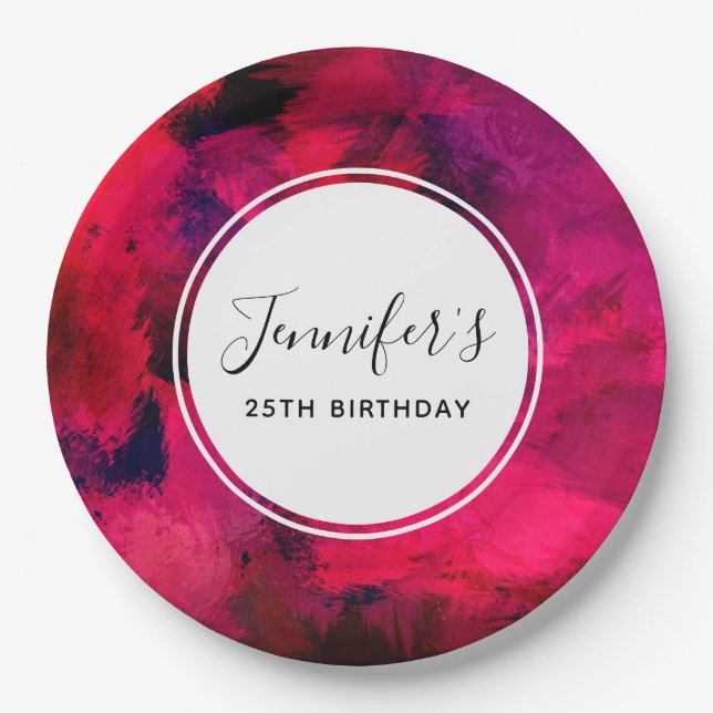 Dark Red and Purple Bold Modern Abstract Birthday Paper Plates (Front)