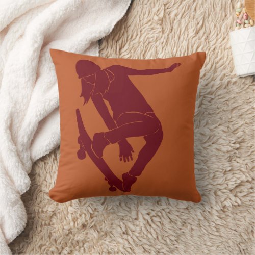 Dark Red and Rust Orange Skateboarder Throw Pillow