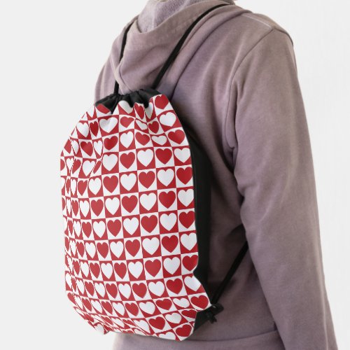 Dark Red and White Checkerboard Heart Pattern Drawstring Bag