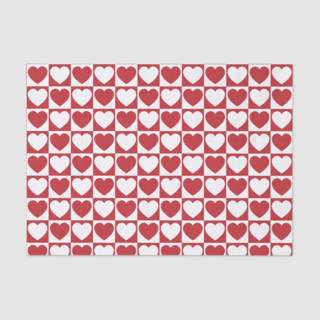 Dark Red and White Checkered Pattern With Hearts Tissue Paper (Front)