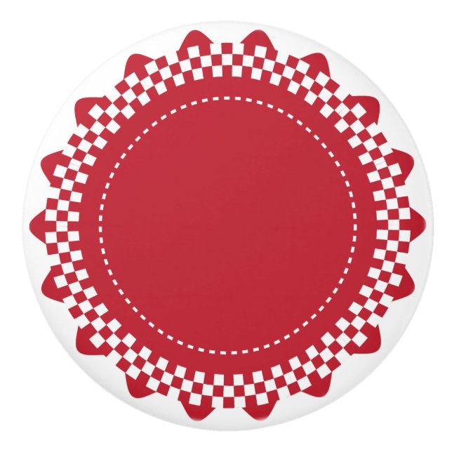 Dark Red and White Checkered Scallop Ceramic Knob (Front)