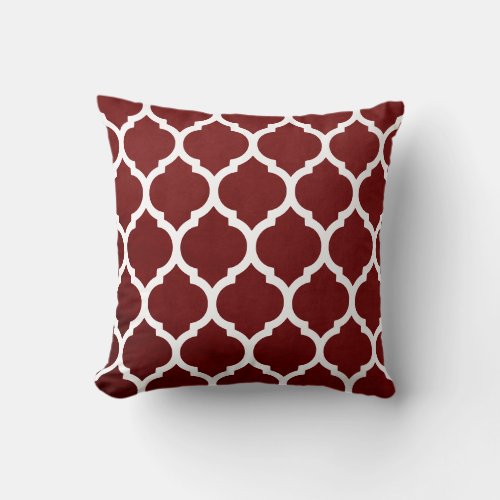 Dark Red and White Classic Trellis Quatrefoil Throw Pillow