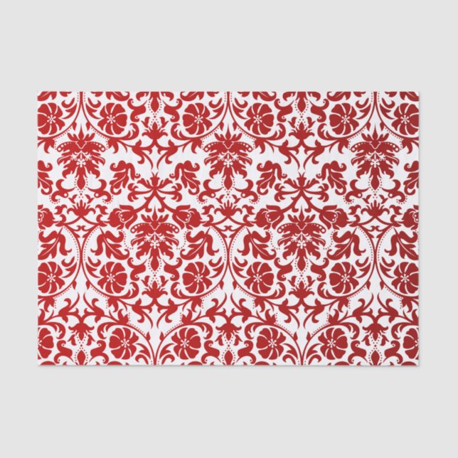 Dark Red and White Floral Damask Tissue Paper (Front)