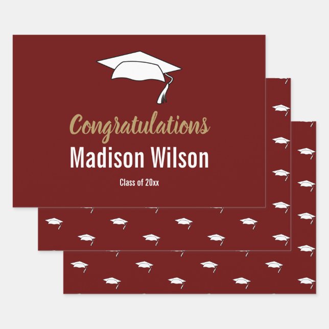 Dark Red and White Graduation Congratulations Wrapping Paper Sheets (Set)