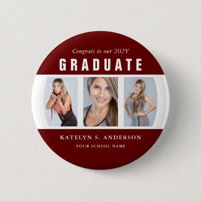 Dark Red and White Graduation Photo Collage Custom Button (Front)