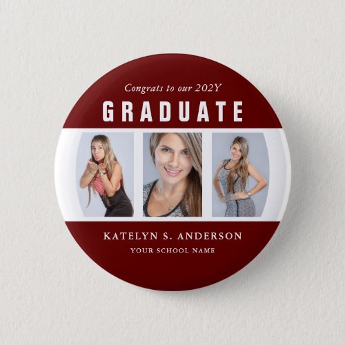 Dark Red and White Graduation Photo Collage Custom Button