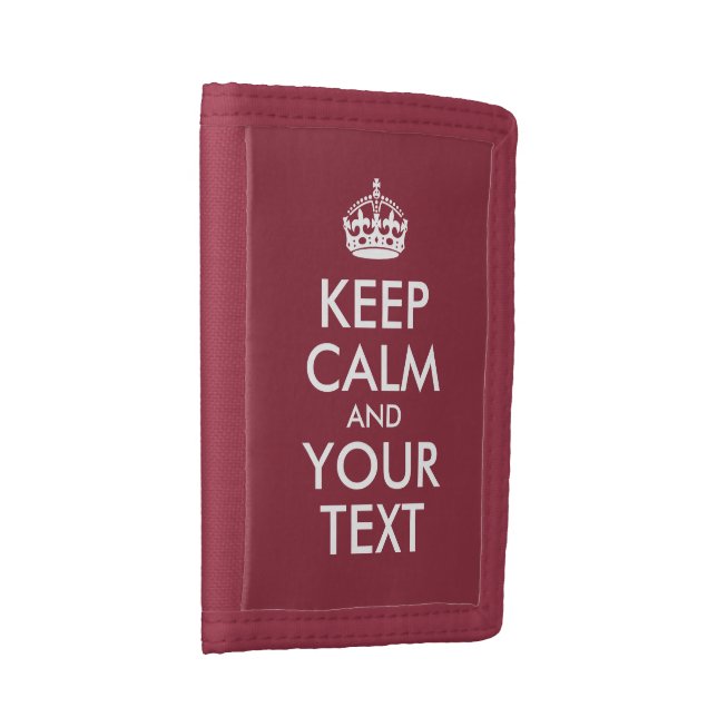 Dark Red and White Keep Calm and Your Text Trifold Wallet (Side)
