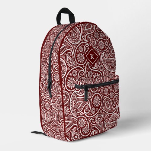 Dark_red and white paisley pattern monogram printed backpack