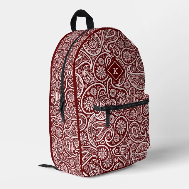 Dark-red and white paisley pattern monogram printed backpack (Back Corner Left)