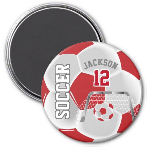 Dark Red and White Personalize Soccer Ball Magnet