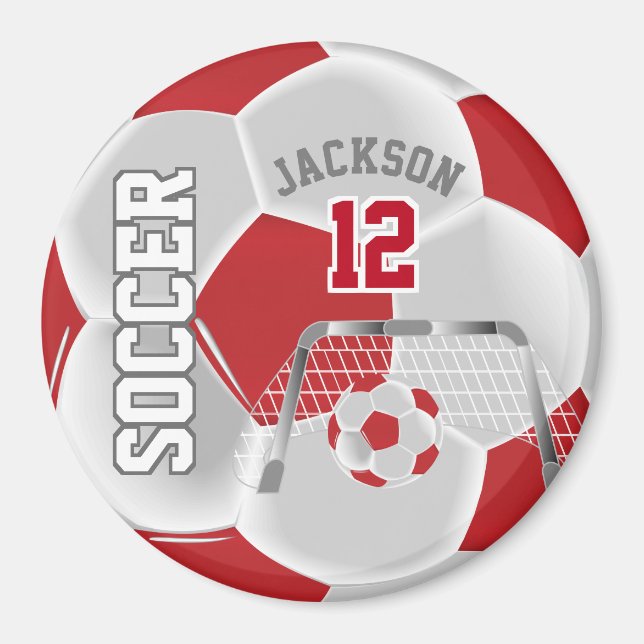 Dark Red and White Personalize Soccer Ball Magnet (Front)