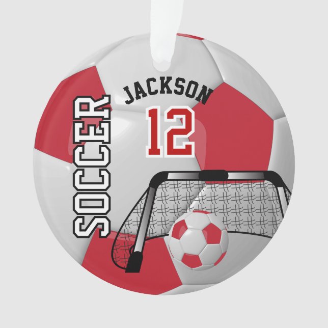 Dark Red and White Personalize Soccer Ball Ornament (Front)