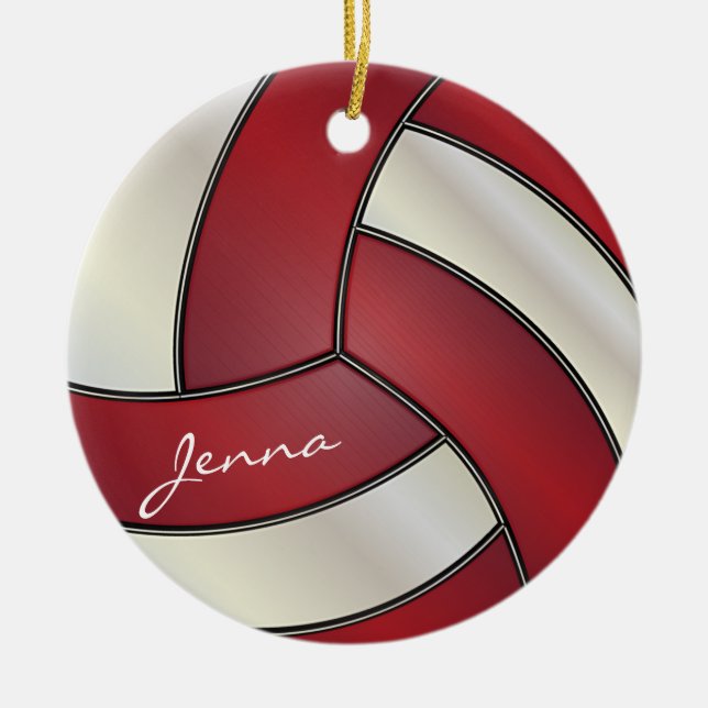 Dark Red and White Personalize Volleyball Ceramic Ornament (Front)
