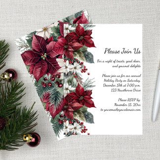 Dark Red and White Poinsettia Christmas Party | Invitation