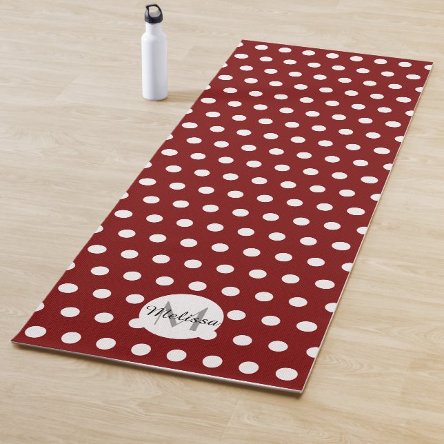 Dark red and white polka dots pattern Monogram Yoga Mat (In Situ)