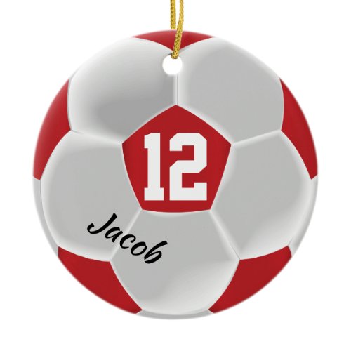 Dark Red and White Soccer Ball Ceramic Ornament