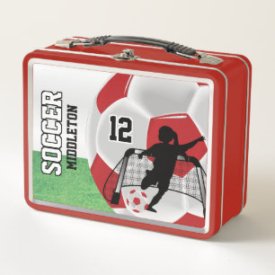 Dark Red and White Soccer Ball ⚽ - Soccer Girl Metal Lunch Box