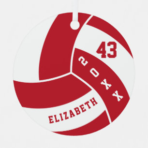 Dark Red and White Volleyball Metal Ornament
