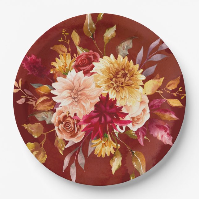 Dark Red and Yellow Dahlia Flowers Wedding Paper Plates (Front)