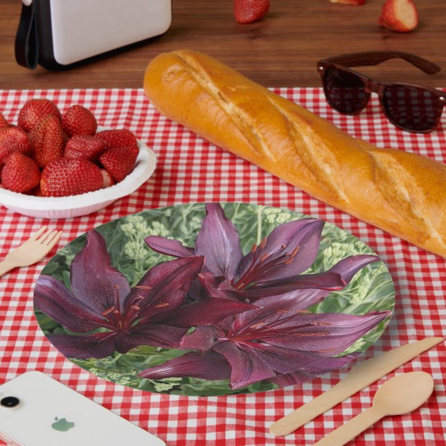 Dark Red Asiatic Lilies Floral Paper Plates (Picnic)