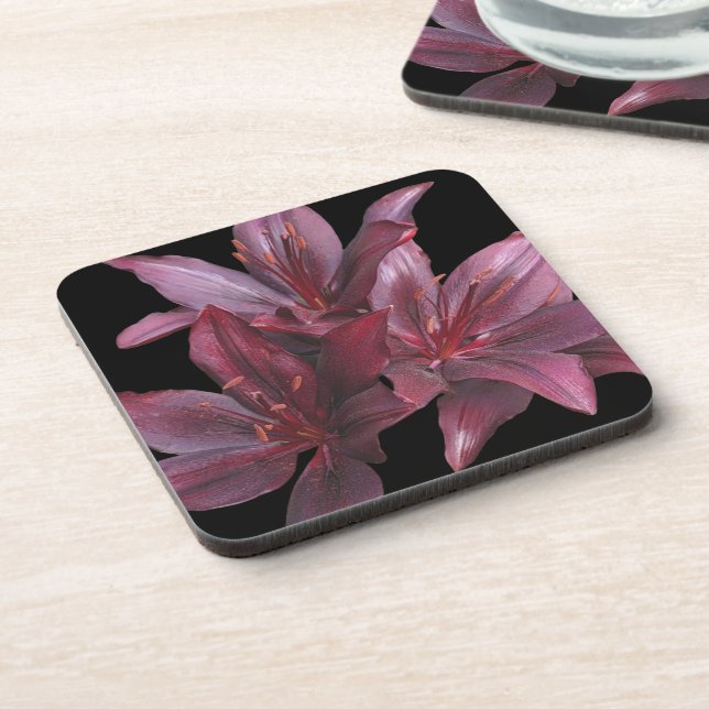Dark Red Asiatic Lilies on Black Floral Beverage Coaster (Left Side)