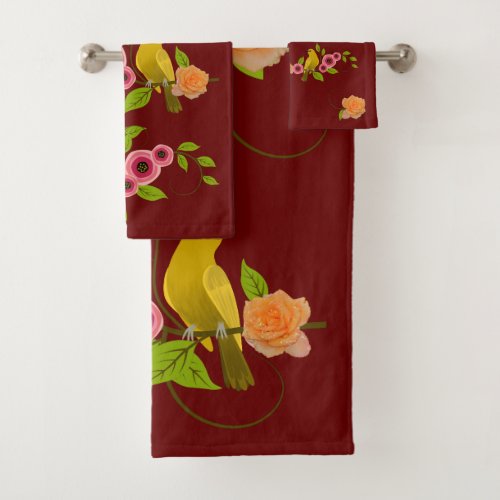 DarK Red _  Bird  Yellow Rose Bath Towel Set