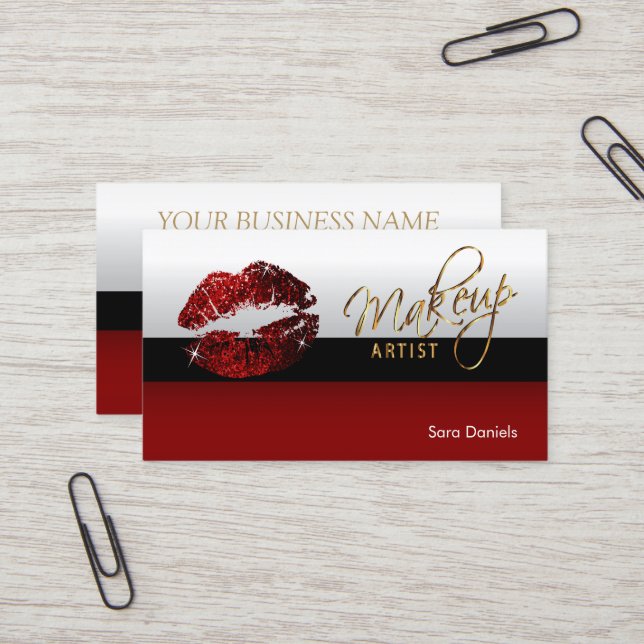 Dark Red, Black and White Cinnamon Red Lips Business Card (Front/Back In Situ)