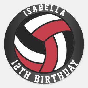 Dark Red, Black and White Volleyball Birthday Classic Round Sticker