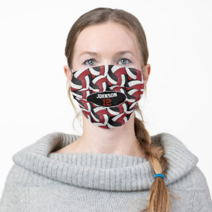 Dark Red, Black and White Volleyball - Name Adult Cloth Face Mask