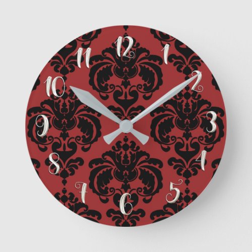 Dark Red  Black Damask Modern Personalized Round Clock