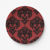 Dark Red & Black Damask Vintage Wedding Event Paper Plates