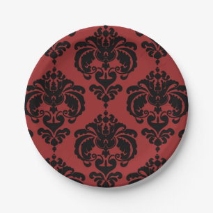 Dark Red & Black Damask Vintage Wedding Event Paper Plates