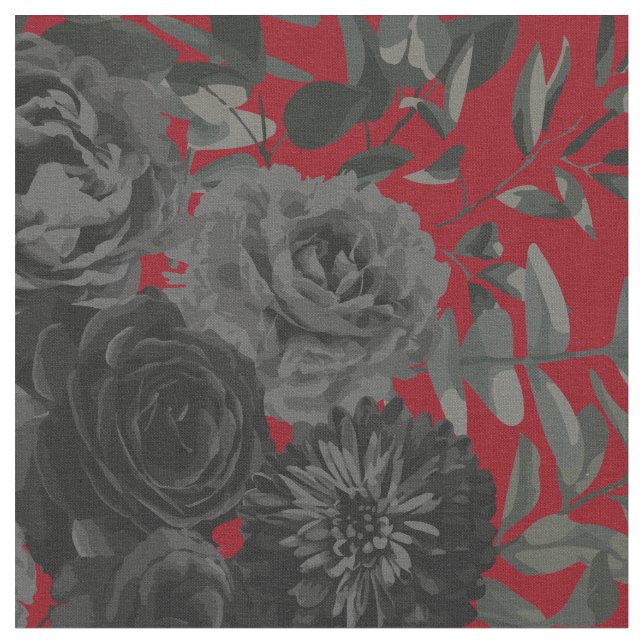 Dark Red Black Dark Gothic Rose Floral Fabric (Close Up)