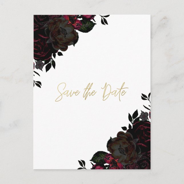 Dark Red & Black Floral Gothic Save the Date Announcement Postcard (Front)