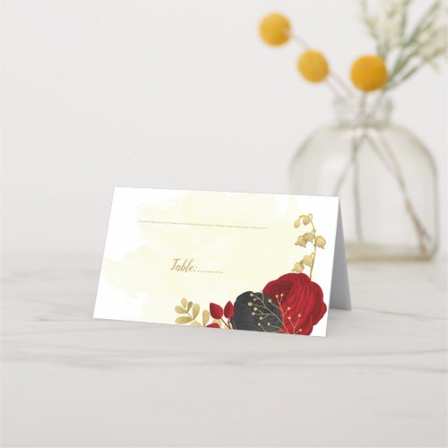 dark red  black flowers gold botanical wedding pl place card