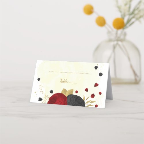 dark red  black flowers gold botanical wedding place card