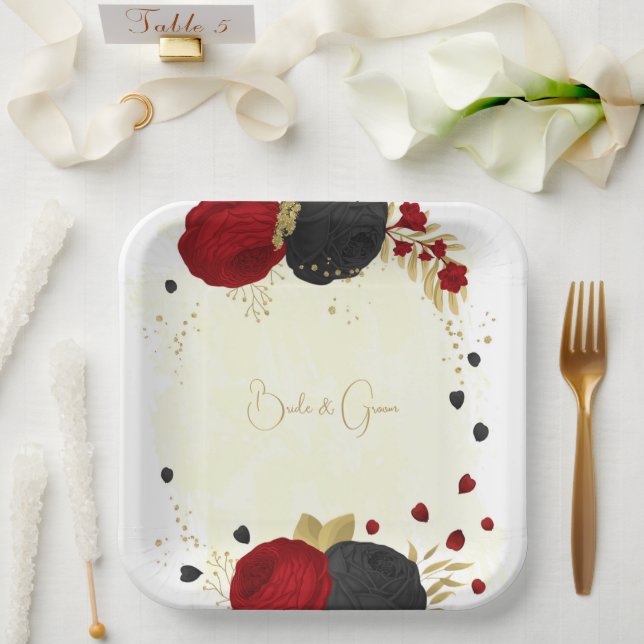  dark red & black flowers gold paper plates (Wedding)